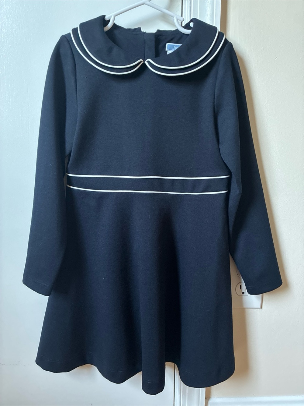 Jacadi navy blue long sleeve dress with white piping and double collar size 8